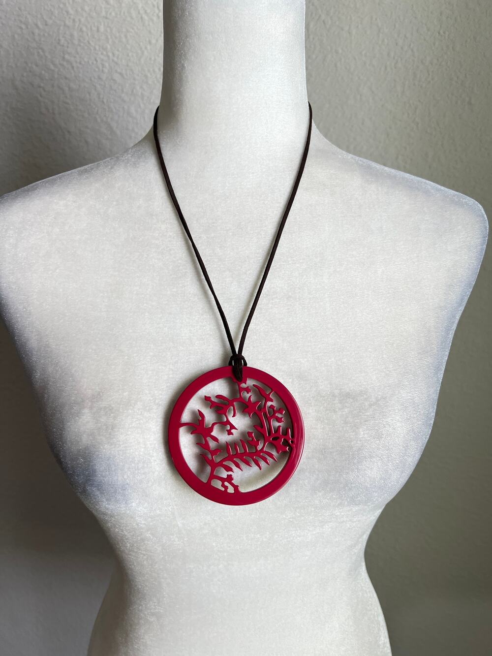 Red Laser Cut Acrylic Forest Tree Pendant Leather Strap Necklace Woodland Nature